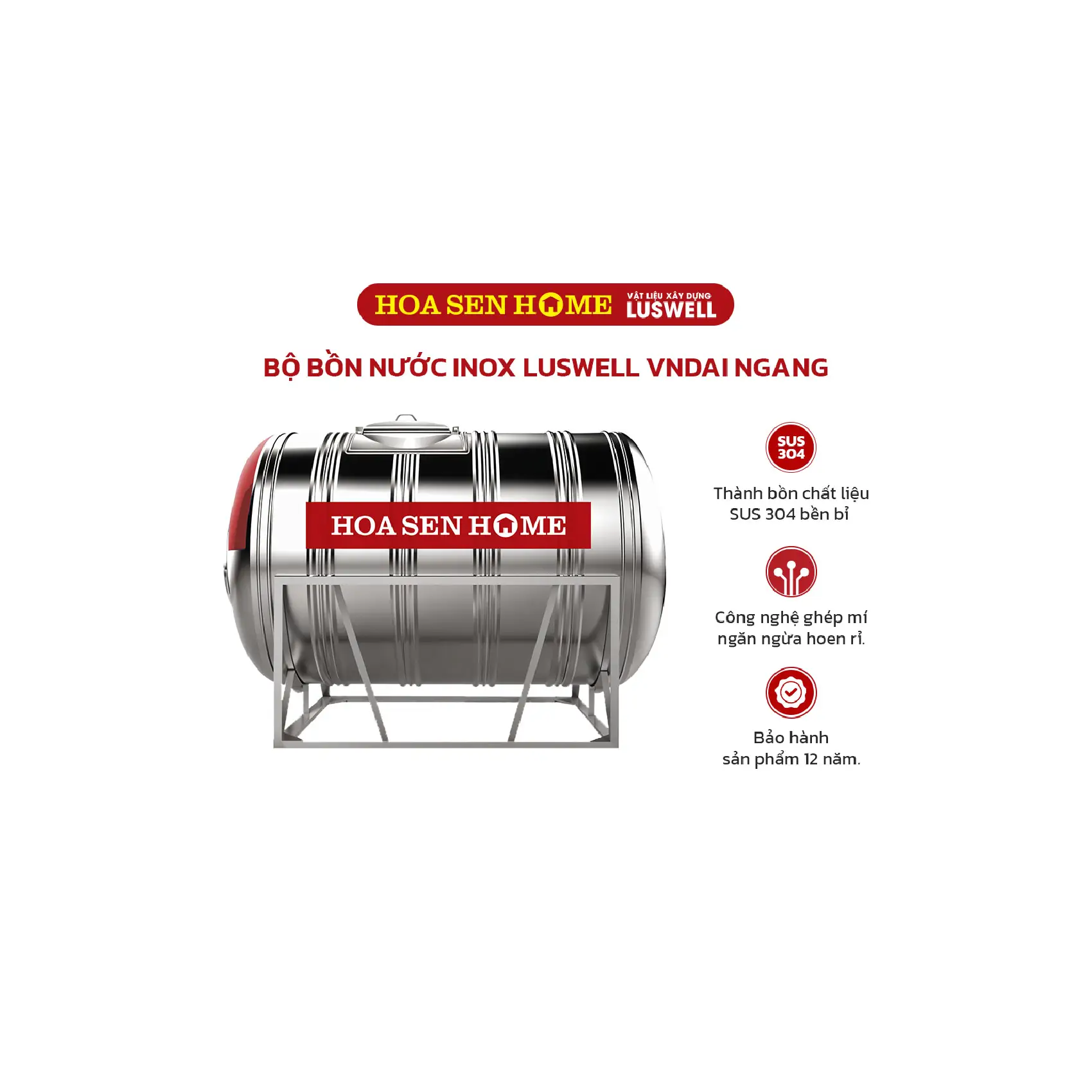 Bộ bồn nước INOX LUSWELL VNDAI ngang: 2000L-1160mm