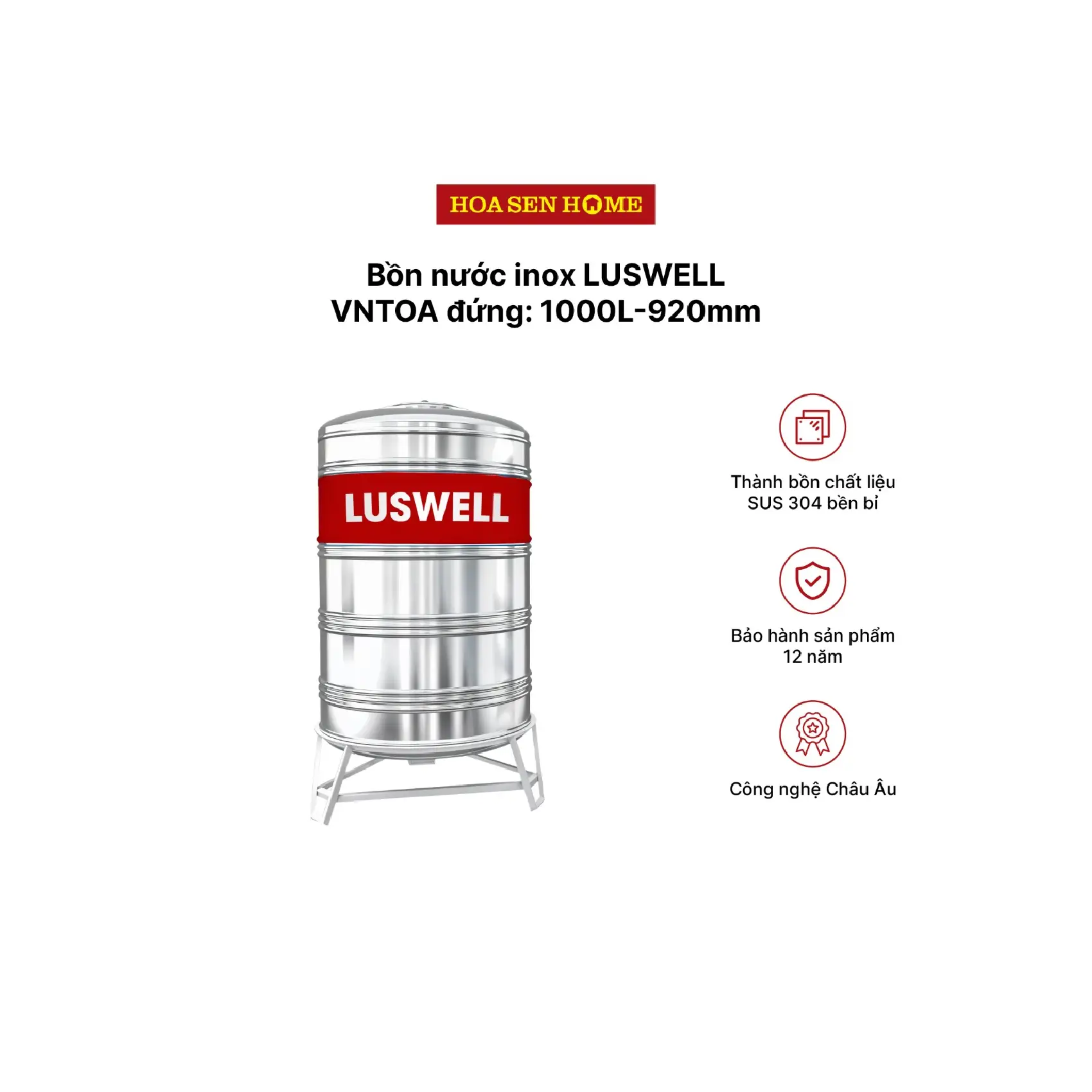 Bộ bồn nước INOX LUSWELL VNTOA đứng: 1000L-920mm