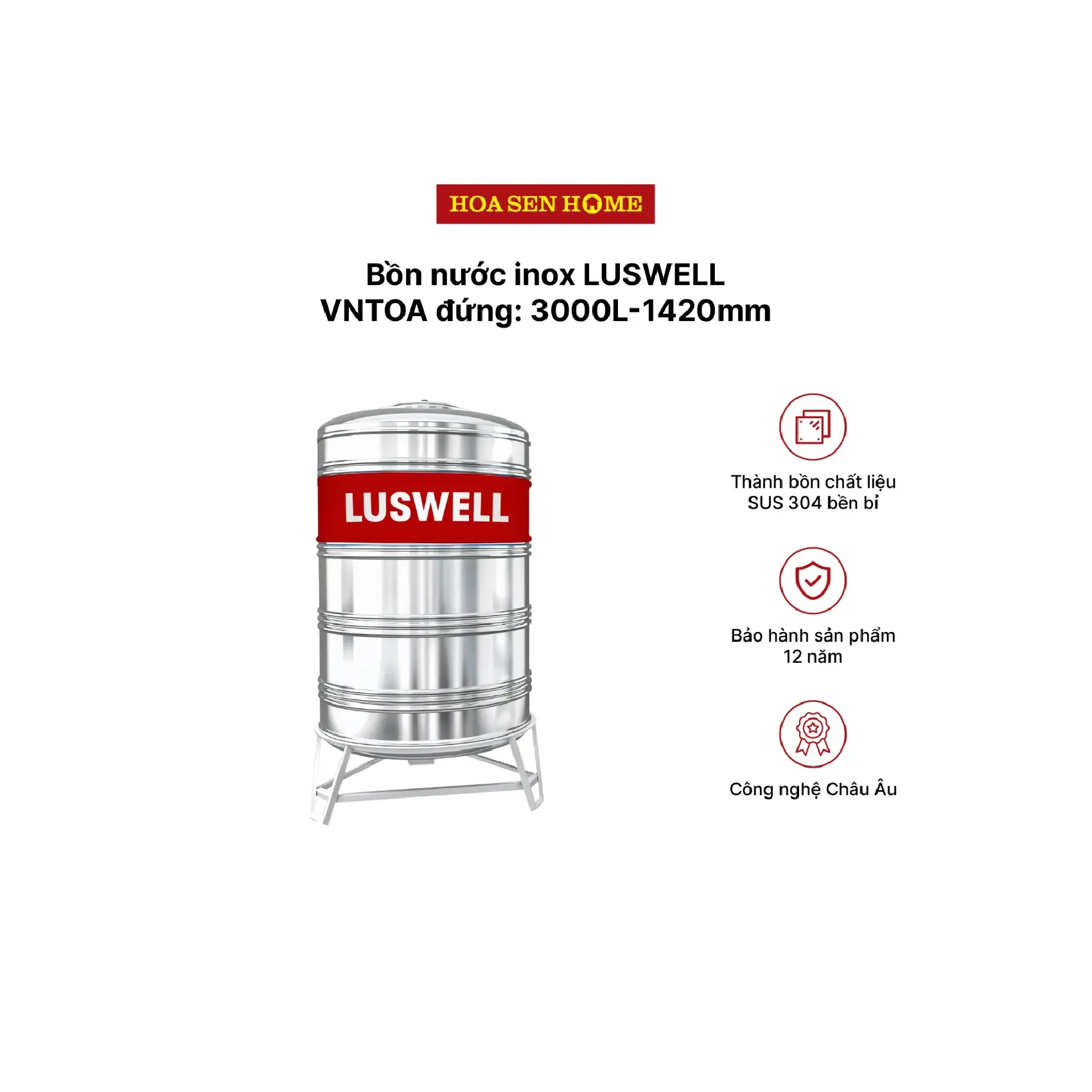 Bộ bồn nước INOX LUSWELL VNTOA đứng: 3000L-1420mm