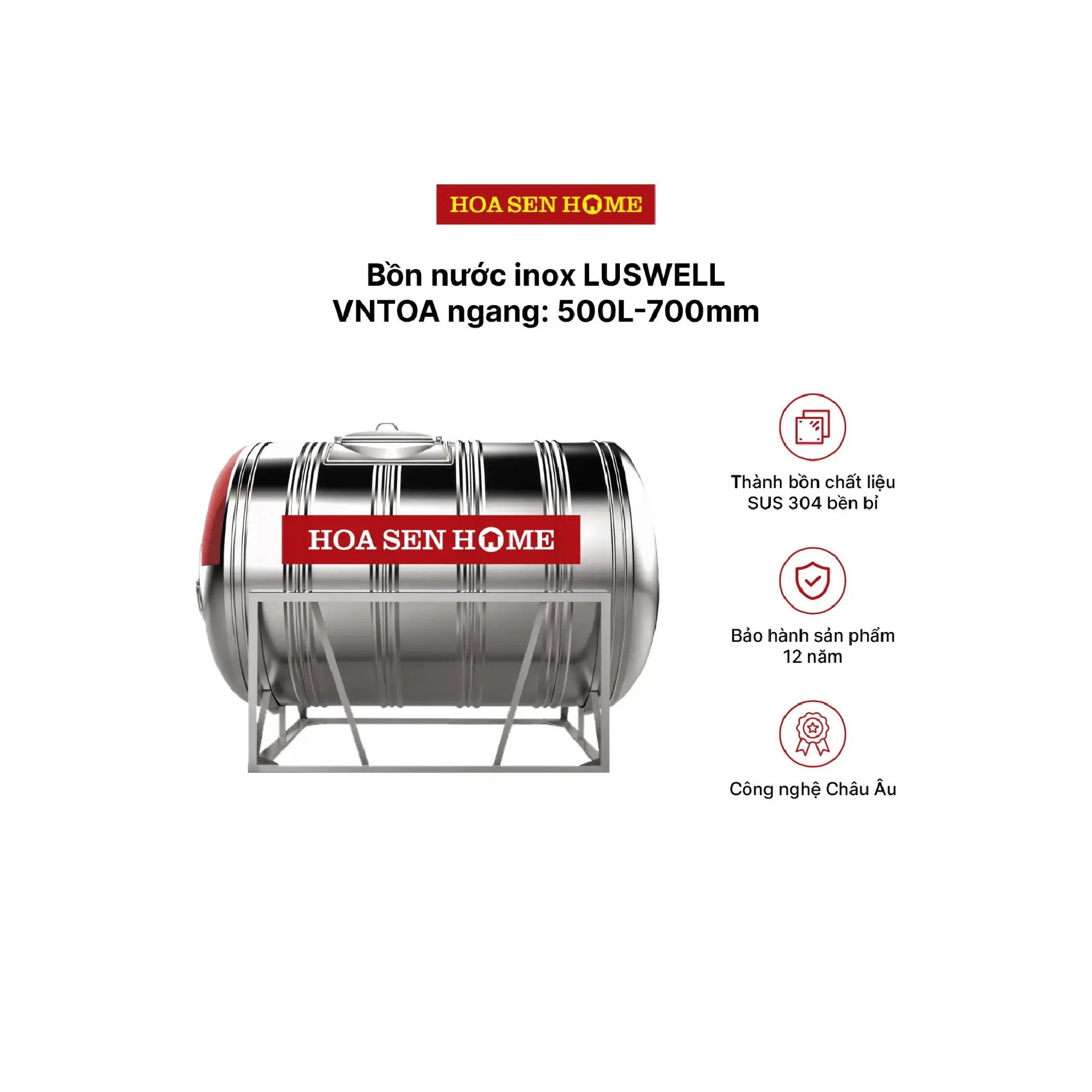 Bộ bồn nước INOX LUSWELL VNTOA ngang: 500L-700mm